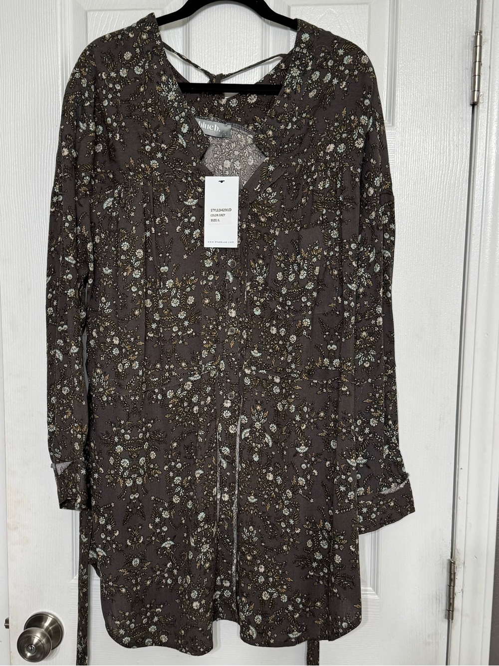 Women's Brown Floral Long-Sleeve Tunic Dress with Tie Detail L